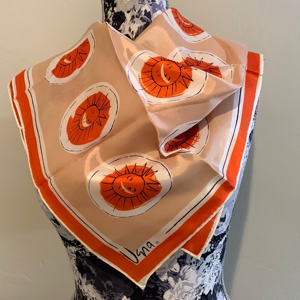 Vera Neumann Vintage Multi Suns Scarf Orange Tan White Black Made in Japan 26x26